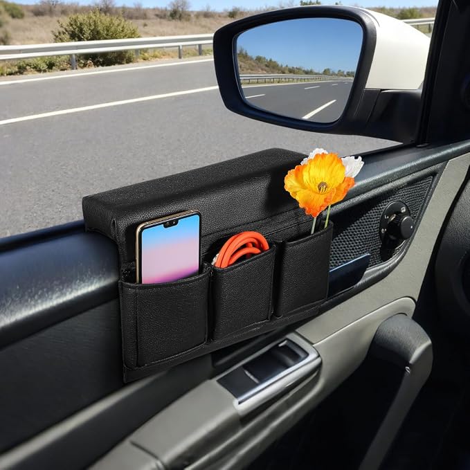 Car Window Armrest Storage Box – Leather Door Armrest Pad with Pocket, 8.5In Wide, Keeps Phone & Keys Organized, Easy Install & Clean, for Sedans, SUVs, Trucks