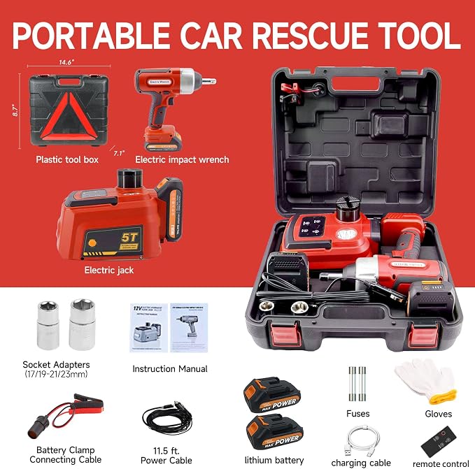 Electric Car Jack 5 Ton Cordless, 12V Battery Hydraulic Floor Jack with Remote Control, Tire Change Kit with Impact Wrench & LED Light, Portable Auto Lifting Tool for Roadside Emergency SUV RV