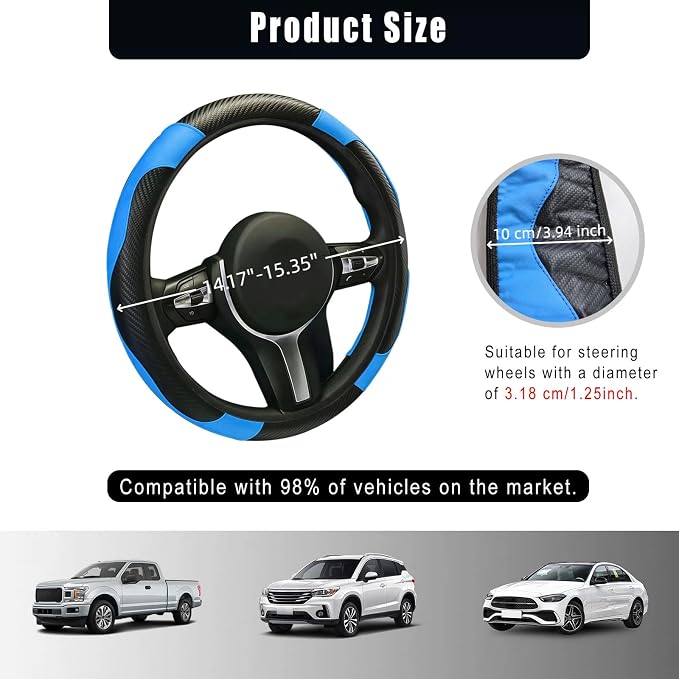 Leather Car Steering Wheel Cover, 15 Inch Anti-Slip Carbon Fiber Black Steering Wheel Cover, Universal Car Interior Accessories for Trucks Sedans SUVs (Black & Blue)