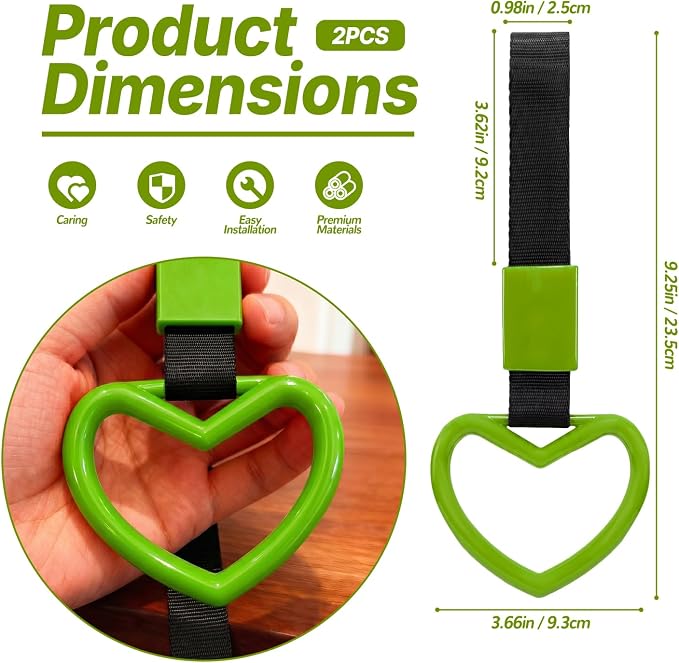 2 Pcs Heart Shaped Car Handle Strap – JD M Drift Charm Rear Bumper Warning Ring Decor for Car Interior Exterior, Subway Bus Handle Accessory, Cute Heart Car Decor Gift for Drivers (Green)