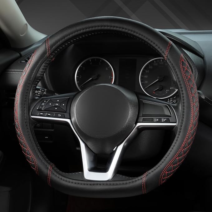 Flat Bottom Car Steering Wheel Cover for Nissan,D Shaped Steering Wheel Cover for Rogue,Altima,Kicks (Diamond Quilted-Black+Red-Standard Size)