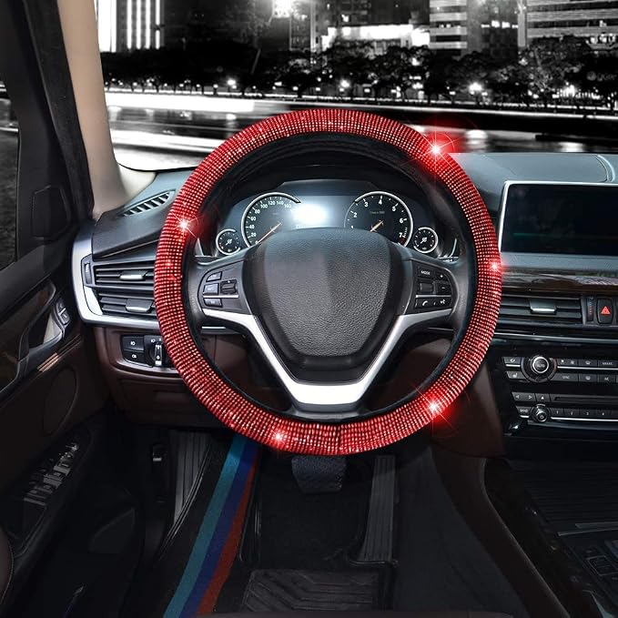 Steering Wheel Cover for Women Bling Bling Crystal Diamond Sparkling Car SUV Wheel Protector Universal Fit 15 Inch (Black with Red Diamond,Standard Size(14" 1/2-15" 1/4))