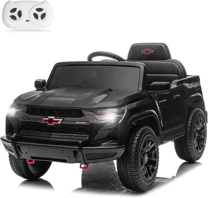 Licensed Chevrolet Colorado Electric Car for Kids, 12V Ride on Toys for Toddlers with Remote Control, Battery Powered Electric Car Ride On Vehicle w/Bluetooth, Soft Start, LED Lights - Black