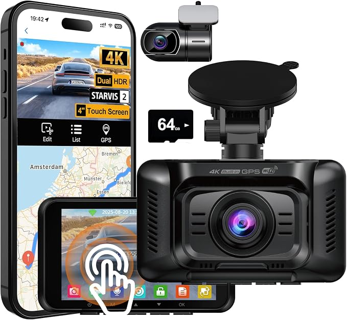V100 4K Dash Cam Front and Rear, Free 64GB Card Dashcam Car Camera | 4" Touch Screen, STARVIS 2 Night Vision, GPS, 5G WiFi up to 20MB/s, Voice Control, 24H Parking Mode, G-Sensor Loop Recording