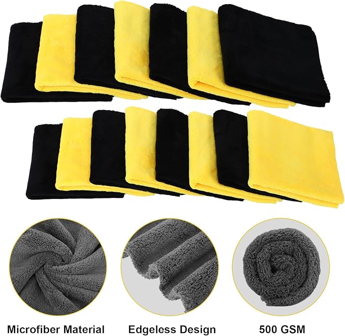 30 Pcs Edgeless Microfiber Plush Towels for Cars Detailing Drying Wash Polishing Absorbent Cleaning Cloths, 500 GSM (16 x 16 Inch,Black,Yellow)