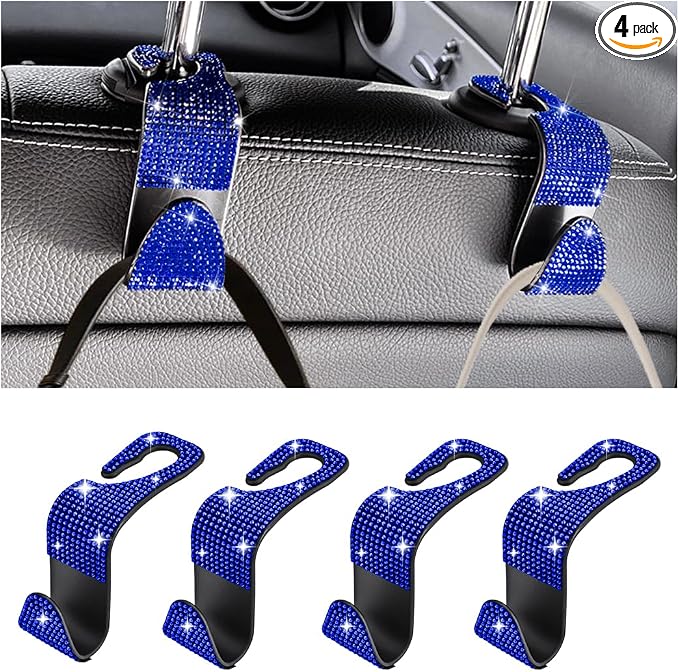 Bling Car Seat Headrest Hooks, 4PCS Crystal Rhinestone Vehicle Back Seat Hanger Holder for Handbags Purses Coats, Automotive Headrest Storage Organizer, Universal for RV SUV Truck (Blue)