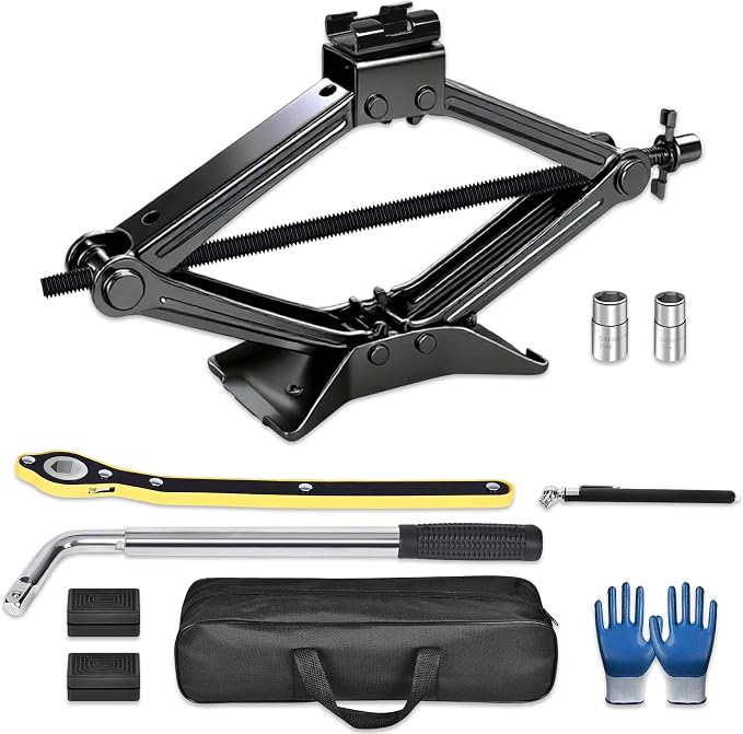 Scissor Jack, 2.5T(5512 Lbs), High-Strength Car Jack & Stand Kit with Rubber Pad, Tire Changing Kit with Ratchet Handle&Lug Wrench, Universal Vehicle Emergency Set for Various Models Black