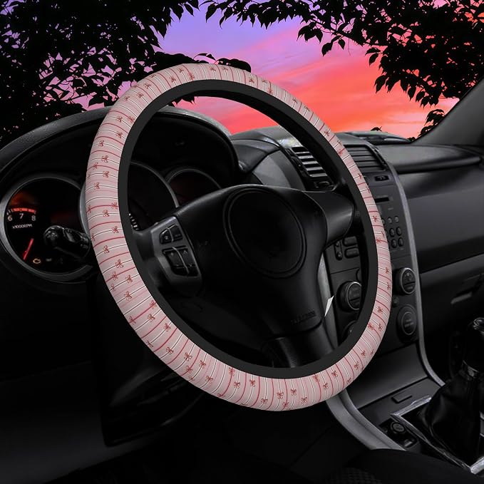 Pink Bows on Stripes Steering Wheel Cover for Women Men Neoprene Breathable Wheel Cover Protector Anti-Slip Car Accessories Universal 15 Inch Fit for Cars Trucks Vehicles