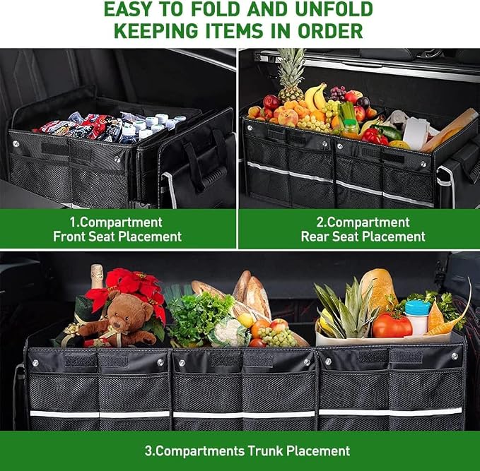 Snuopfy,115L Heavy Duty Collapsible Trunk Storage, with Insulated Leakproof Cooler Bag Vehicle Cargo Organizer with Lid, 3 Compartments, Straps For Car,Suv,Jeep,Sedan-Black