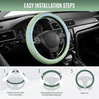 Steering Wheel Cover, Light Blue Patterned & Green Leather Patchwork Design, Universal Fit 14.5"–15.5", Anti-Slip, Odor-Free, Soft Grain Leather, Durable Grip Car Accessory for Girls & Women