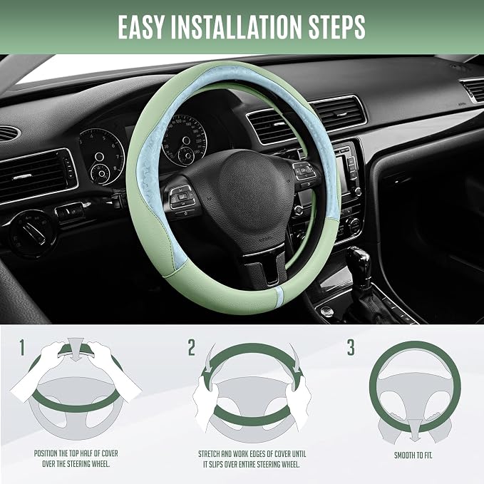 Steering Wheel Cover, Light Blue Patterned & Green Leather Patchwork Design, Universal Fit 14.5"–15.5", Anti-Slip, Odor-Free, Soft Grain Leather, Durable Grip Car Accessory for Girls & Women