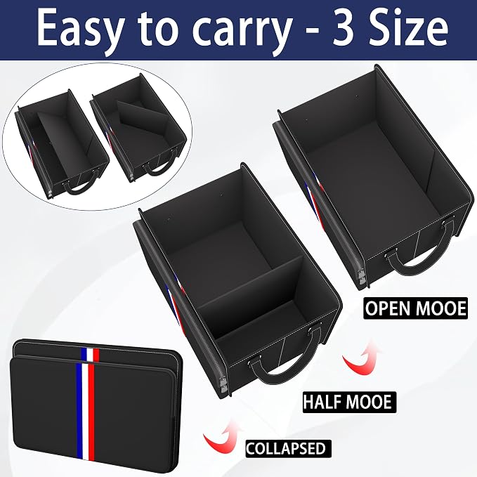 Trunk Organizer for Car, Waterproof Collapsible 3 Compartments Car Organizer, Foldable Storage for Car Accessories, Tools, Sundries for Women Men, Tote Bag (Black Black, Standard)