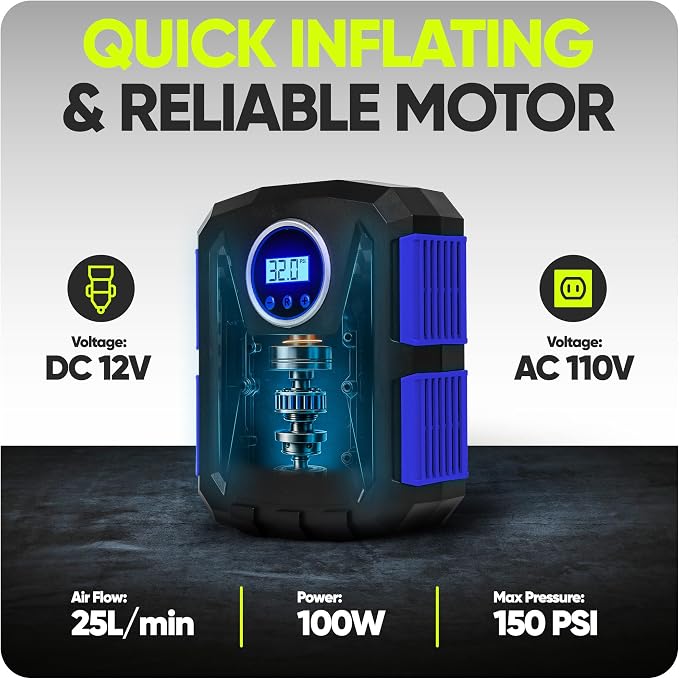 Tire Inflator Portable Air Compressor, Air Pump for Car Tires and Bikes, Car Tire Pump w/Auto Shut Off, 150 PSI, 110V AC 12V DC, LED Light, Carrying Case, Perfect For Men, Women