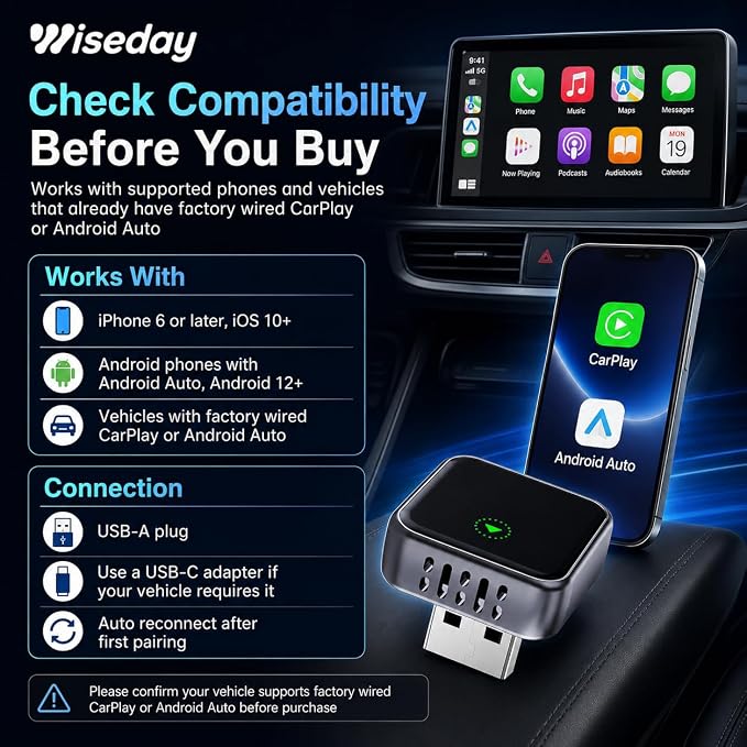 Wireless WIFI7 Bluetooth CarPlay Adapter for iPhone&Android | Seamless Connection, Convert Wired to Wireless, 2 in 1, 24.5mm USB-A with USB-C Adapter, Plug & Play for IOS 10+&Android 12+