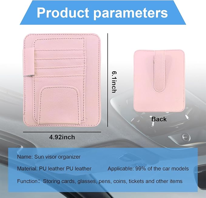 Car Sun Visor Organizer, Small Auto Visor Organizer and Storage, Registration and Document Holder, Vehicle Accessories for Sunglasses, Document, Card, Pen, Driver License (Pink)