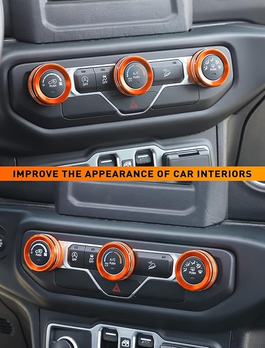 HVAC Climate Control Panel Knob Trim Kit & Light Control Switch Cover, Air Conditioner Knob Aluminum Alloy Ring for 2018-2024 Jeep Wrangler JL JLU & Gladiator JT, Interior Accessories Orange
