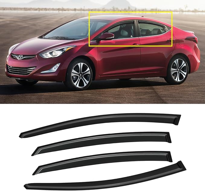 Window Visor for Hyundai Elantra Sedan 2011-2016 (Excludes GT), Out-Channel Rain Guards Shields Vent Deflector Shade Wind Dark Smoke, Tape-On Outside-Mount, 4PCS