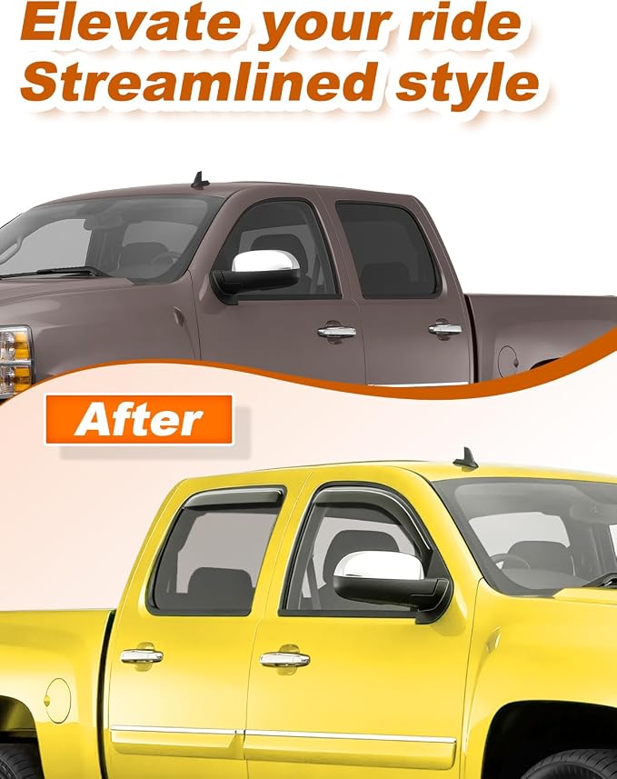 in-Channel Window Rain Guards Fit for Chevrolet (Chevy) Silverado/GMC Sierra 2007-2013 Crew Cab Extra Durable Rain Guards Truck Window Deflectors Vent Visors Vent Shades Car Accessories