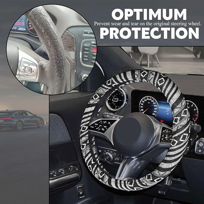 Boho Steering Wheel Cover, Steering Wheel Cover Women, 15 inch Hippie Style Protector Covers, Universal Ethnic Flax Cloth Car Accessories Universal for SUV Van Truck (Hippie-E)