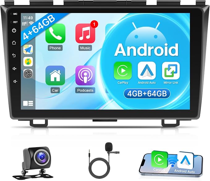 8 Core 4+64G Car Stereo for Honda CRV 2007-2011 Radio with Wireless Carplay Android Auto, 9'' Touchscreen for Honda CRV GPS Navigation Bluetooth WiFi Rear Camera FM Mirrorlink Split Screen SWC