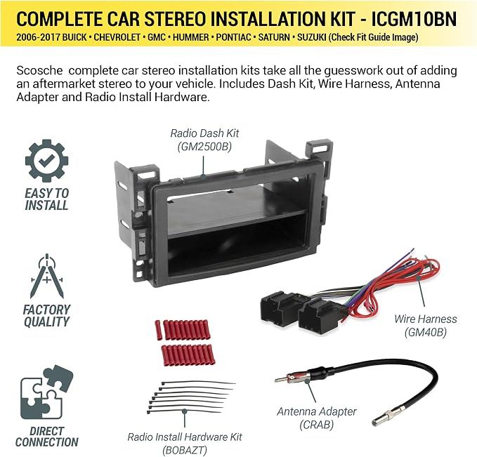 ICGM10BN Complete Double/Single DIN Stereo Installation Kit for Select Non-Amplified 2006-17 General Motors Vehicles - No Steering Wheel Remote - See Fit Guide in Images to Verify Your Vehicle