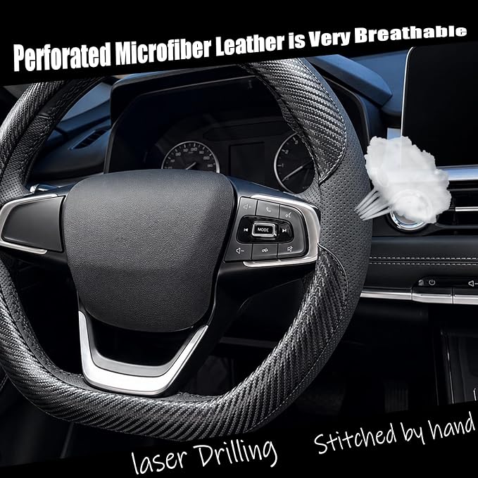 D Shaped Steering Wheel Cover, Flat Bottom Car Wheel Cover 14 1/2-15 inch (37-39 cm), Non-Folding Packaging, Microfiber Leather, Black with Carbon Fiber Pattern