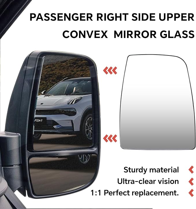 Passenger Right Side Upper Mirror Glass Replacement for Ford Transit 150 250 350 MK8 2014-2023 with Heated and 2 Metal Clips