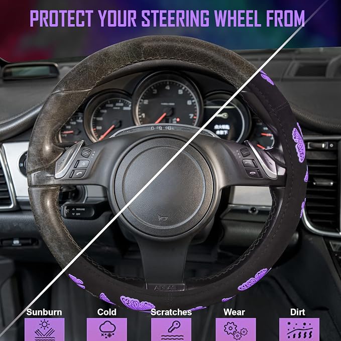 Purple Butterfly Steering Wheel Covers, 14.5" to 15.5" Car Wheel Cover Universal Fit for Suvs, Small Trucks, Sedans, Cars for Cute Women Girly (Black and Purple)