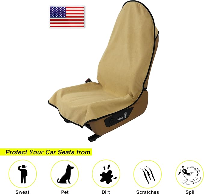 Waterproof Towel Car Seat Cover, Sweatproof Non-Slip Seat Protector, Universal Fit for Front Bucket or Rear Bench Seat of Cars, SUVs, Vans, Trucks, Compatible with Airbags and Armrests (Beige, 2 Pack)