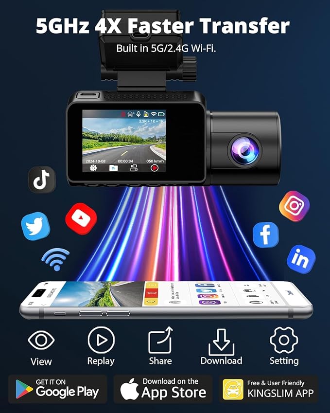 3 Channel 5G WiFi Dash Cam with 64GB Card, 2.5K/1080P Front and Rear Inside Dashcam, 2.5K/1080P/1080P Three Way Dash Camera for Cars Auto IR Night Vision, Loop Recording, APP Control(O3PRO)