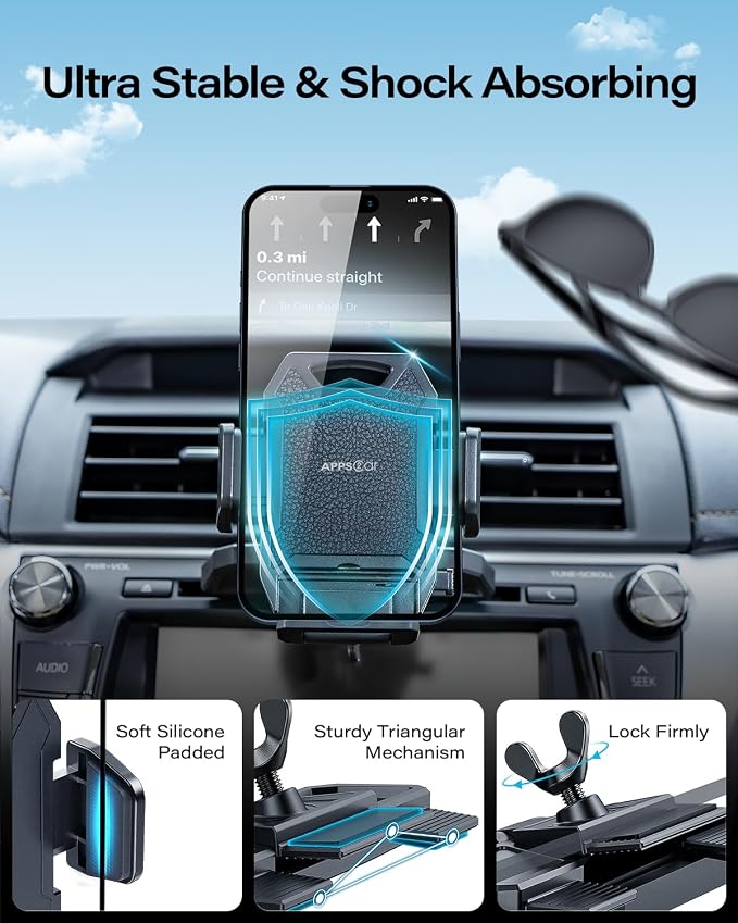 Sturdy CD Slot Phone Mount with One Hand Operation Design, Hands-Free Car Phone Holder Universally Compatible with All iPhone & Android Cell Phones, for Smartphone Mobile (Faux Leather)