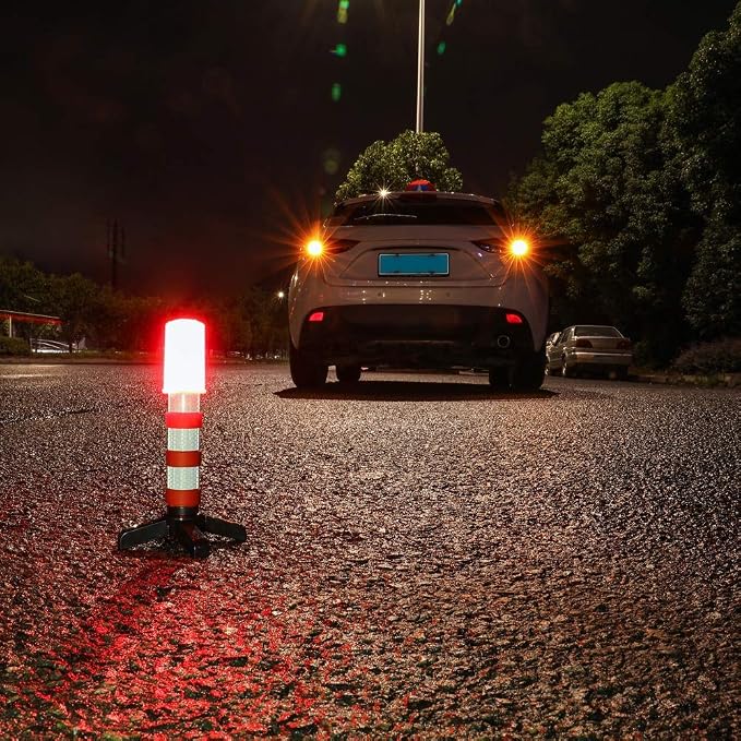 LED Safety Strobe Road Warning Light, Set of 4 | Emergency Roadside Flares Kit, Highway Beacon Alert Flare, Magnetic Base, Detachable Stand, Solid Storage Case