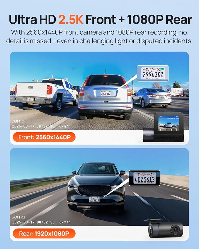 Dash Cam Front and Rear - 2.5K+1080P Dual Dash Camera with HDR, Super Night Vision, F1.55 Aperture, 24H Parking Mode, Built-in Wi-Fi & GPS, G-Sensor, Loop Recording, 64GB Card Included (A410)