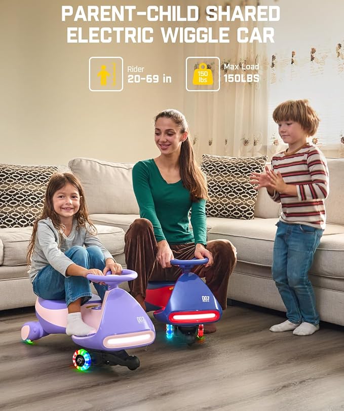 N7 Pro Electric Wiggle Car with Pedal, Rechargeable Battery, CyberWiggle, 2 in 1 Swing Car, 2 Speeds Max 4 Mph, Anti-Rollover, Flashing Wheels, Bluetooth, Ages 3+, 150 Lbs, Pink
