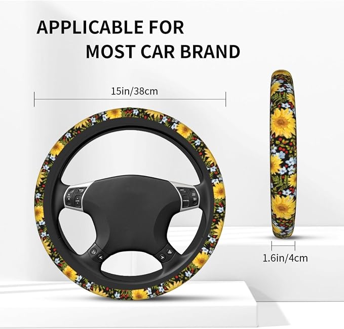 Steering Wheel Cover Sunflower Car Accessories + 2 Pieces Coasters | Universal 14-15 Inch Neoprene Auto Interior Decor Anti Slip Car Protector for Women Men