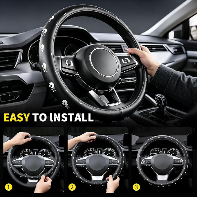 Skull Pattern PU Leather Steering Wheel Cover, Non-Slip Neoprene Lining, Universal Fit 14.5-15 Inch for Car, Truck, SUV