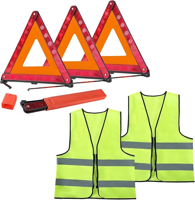 3 Pack Emergency Warning Triangles with 2 Pack Reflective Vest Kit | Roadside Safety Triangle, Foldable Warning Reflective Triangle with Case for Vehicles Breakdown & Emergencies