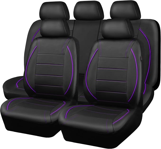Piping PU Leather Car Seat Cover,Inside Zipper Design and Reserved Opening Holes Airbag Compatible,Universal FIT for Car, SUVs,Van,Trucks,Full Set, Black & Purple