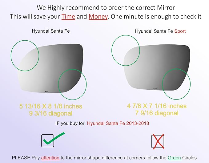 Driver Side Mirror Glass Compatible with Hyundai Santa Fe Santa Fe XL | Compatible with Hyundai Santa Fe 2013-2018, Santa Fe XL 2019 Heated Blind Spot