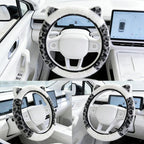 Leopard Fluffy Car Steering Wheel Cover with Keychain 14-15 inch Gray White | Cute Ears Steering Wheel Covers Universal Elastic Stretch Steering Wheel Protector Accessories for Women Girls