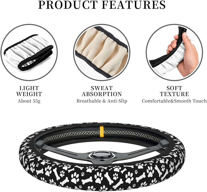 Paw Bones Steering Wheel Cover Car Elastic Steering Wheel Protector | Black White Dog Anti-Slip Breathable Car Accessories Interior for Women Men Universal 15 Inch Fit Auto SUVs Truck