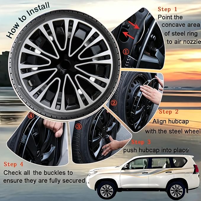 Hubcap Wheel Cover Replacement R17 Hub Caps Universal-Fit Steel Wheel Rim Cover ABS Material Exterior Accessories for Car Truck SUV -Set of 4（17-inch，Silver-Black）