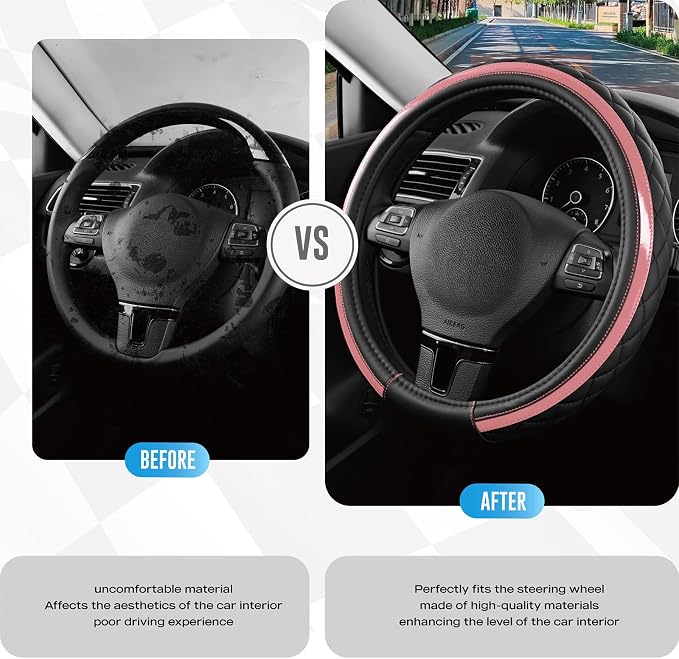 Leather Steering Wheel Cover – Black & Pink, Universal Fit 14.5-15 Inch, Microfiber Leather, Anti-Slip & Breathable Design for Men and Women