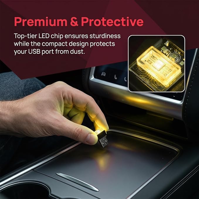 4PCS USB LED Car Interior Atmosphere Lamp, Portable Mini, Yellow | 5V USB-A plug-in, soft accent glow, no wiring, decor night light, car accessories for cars, SUVs, trucks