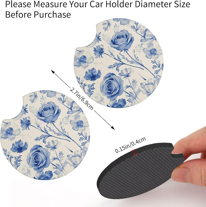 Blue Flower Steering Wheel Cover - Cute Vintage Blue Flower Steering Wheel Cover Flowers Cute Anti-Slip Universal Breathable 14-15-in 2 Car Cup Coasters for Men Women