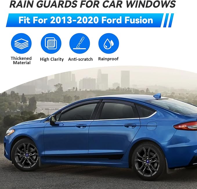 4pcs Front+Rear Smoke Tint Sun/Rain Guard Outside Mount Tape-On Vent Window Visors Compatible with 2013-2020 Ford Fusion