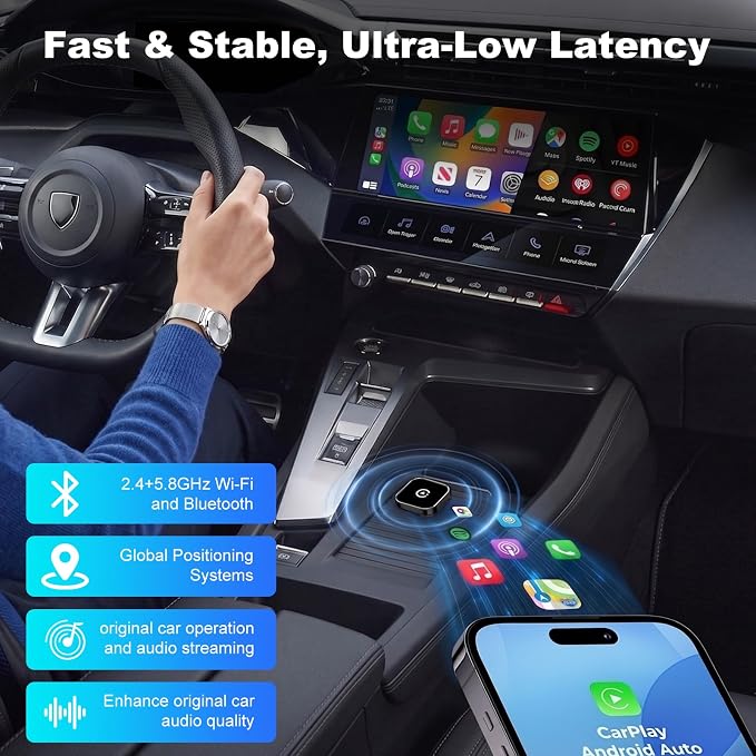 2026 New Wireless CarPlay Adapter, Compatible CarPlay & Android Auto, Plug and Play Wireless CarPlay Dongle, Fast Auto-Connect, Type-C & USB Cable Included, Supports iOS 10+ & Android