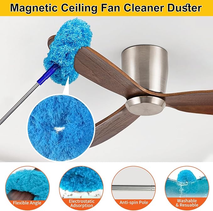 Ceiling Fan Cleaner Dusters for Cleaning 6-in-1 Kit, Cobweb Duster with Extension Pole, 100 Inches High Ceiling Fan Blade Cleaners with 5 Reuseable Dusting Heads for Windows and Blinds- Blue