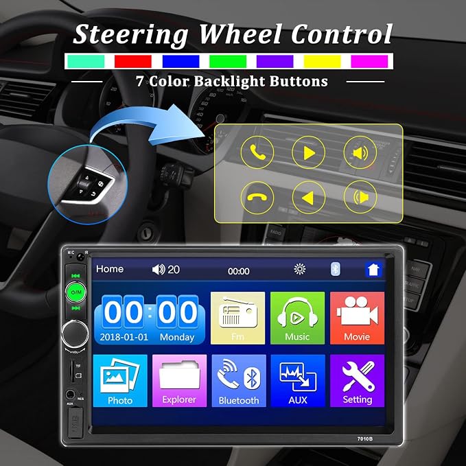 Car Stereo Double Din Bluetooth Car Radio 7 Inch MP5 Player HD Touch Screen FM Radio Audio Receiver AUX in USB TF Card Input Multimedia Player Mirror Link with Backup Camera