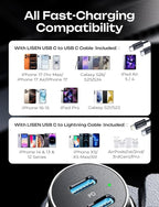 90W Car Charger USB C Fast Charge, USB C Car Charger Fast Charge, Type C Car Charger for iPhone 17 Pro Max 16 15 14 13 12 11, for Samsung S26 S25 S24 [with Lighning & USB-C Cable]